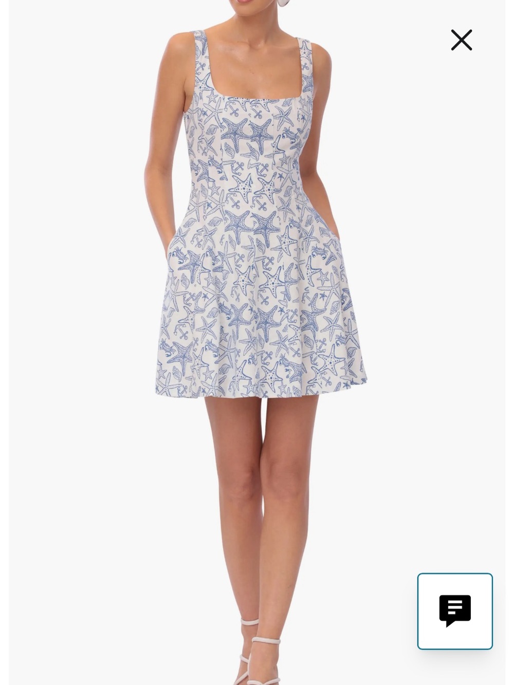 Avec Les Filles linen blend fit and flare mini dress coastal starfish blue white